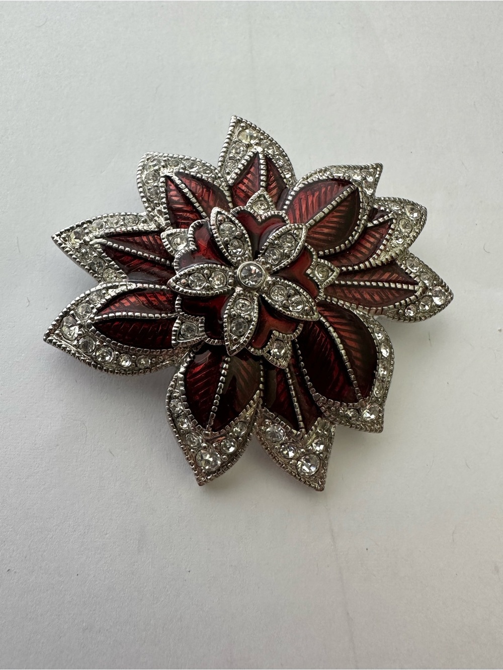 🌺 Monet Red Enamel Rhinestone Flower Brooch Pin Silver Tone Vintage